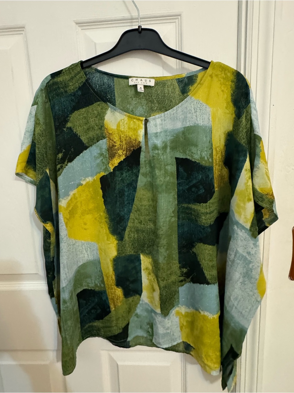 Chaus Abstract Green & Yellow Short Sleeve Poncho Style Blouse
